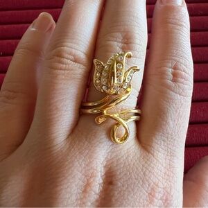 Gold Tone Crystal Floral Statement Ring